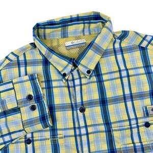 Columbia PFG Mens Yellow Blue Plaid Long Sleeve Vented Fishing Shirt XM7880 L